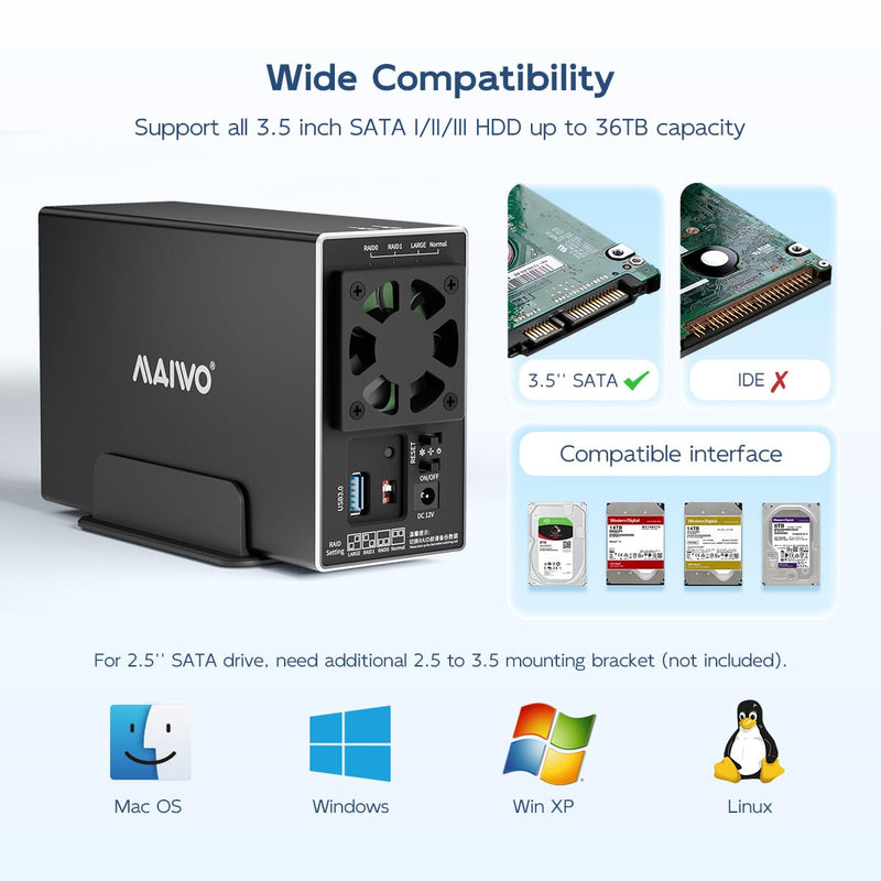 MAIWO Dual Bay HDD RAID Enclosure for 3.5 inch SATA Hard Disk Drive, 5Gbps USB 3.0 to SATA Drive Adapter, Up to 36TB Capacity, 2 Bay Aluminum Storage Case