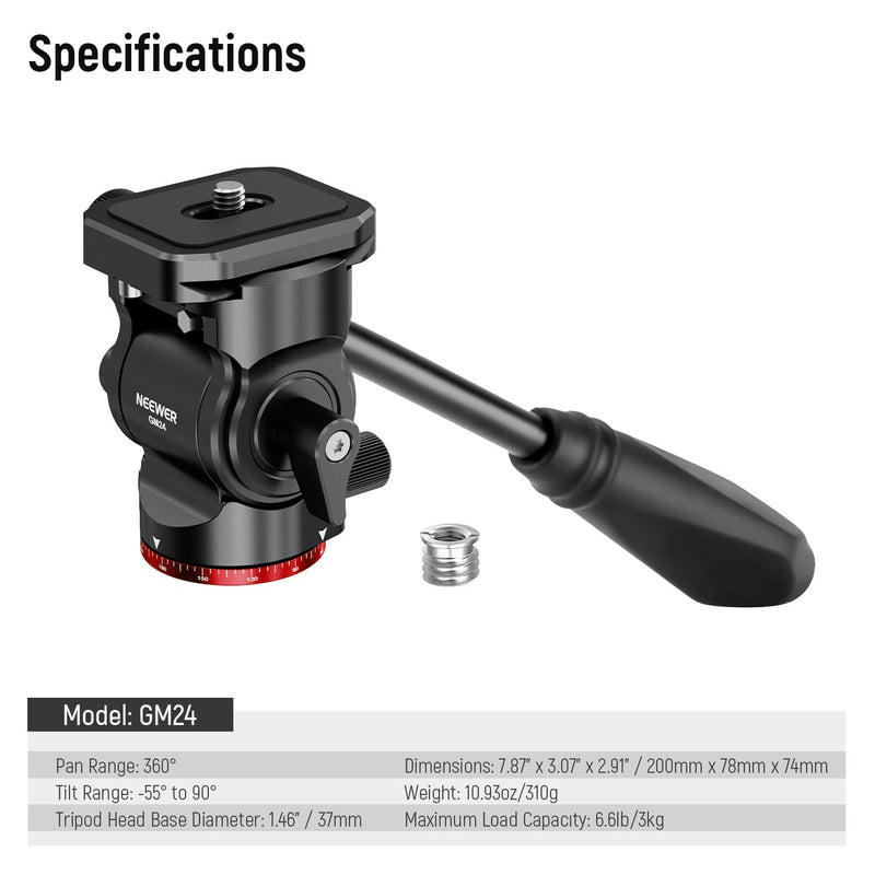 NEEWER Tripod Fluid Head Pan Tilt Head with Quick Release Plate and Handle, Metal Camera Tripod Head Compatible with Arca Swiss for Compact Video Cameras DSLR Cameras, Load up to 6.6lb/3kg, GM24 Red