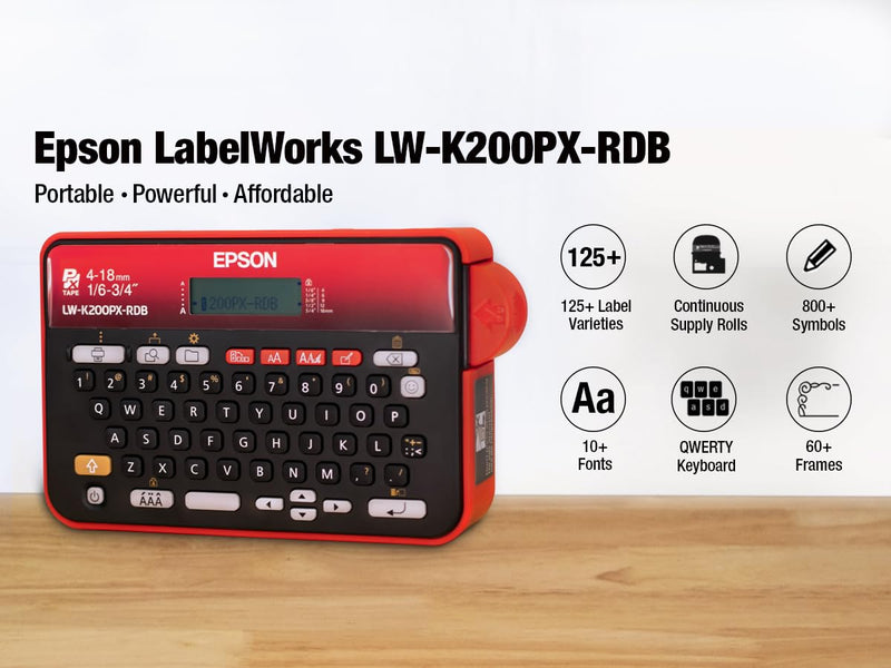 [AUSTRALIA] - LABELWORKS Epson LW-K200PX-RDB Portable QWERTY Keyboard Label Maker for Home & Hobbies – Craft, Organize, and Personalize - Red Black Printer 