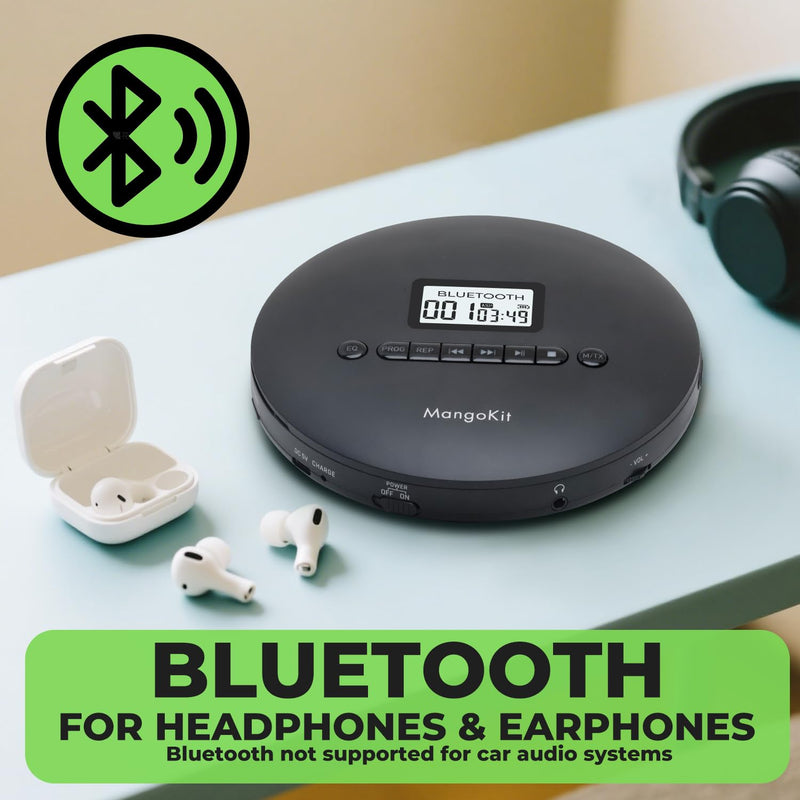 [AUSTRALIA] - Portable CD Player with Bluetooth, MP3 Playback, Headphones – Personal CD Player with Anti-Skip, Rechargeable Battery – Compact Disc Player for Travel, Home, Language Learning 