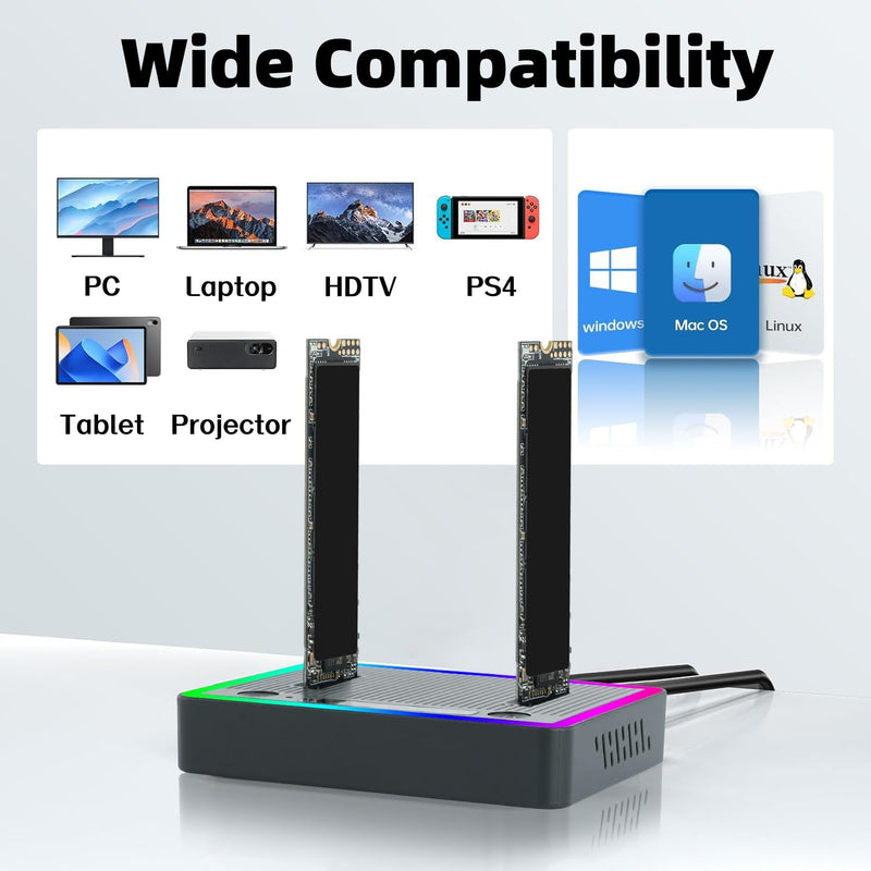 M.2 NVMe SATA SSD Cloner Dock, Dual NVMe SATA SSD Enclosure, 20Gbps USB3.2 Gen 2X2 SSD to USB Adapter,M.2 Duplicator Cloner for Both (M Key,B+M Key) Tool-Free,Support Offline Clone-RGB Plastic