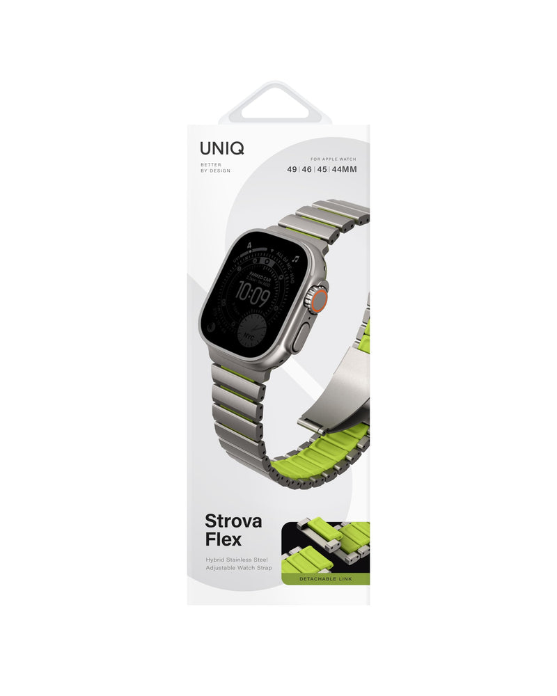UNIQ Strova Flex Apple Watch Band 44mm 45mm 46mm 49mm – Adjustable Stainless Steel Link Bracelet Strap for Apple Watch Series 4 5 6 7 8 9 SE & Ultra 1/2 – Lime Green