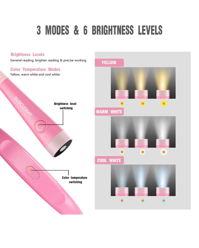 Glocusent LED Neck Reading Light, Book Light for Reading in Bed, 3 Colors, 6 Brightness Levels, Bendable Arms, Rechargeable, Long Lasting, Pink, Perfect for Reading, Knitting, Camping, Repairing