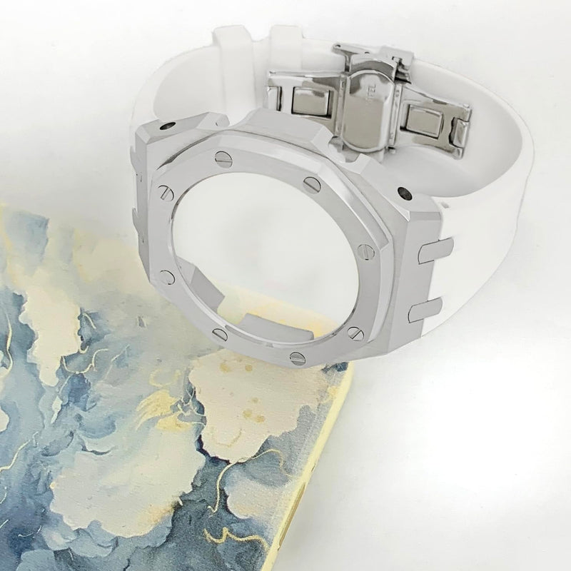 GA2100 Custom Watch Mod Case Band Parts,Stainless Steel Cover 316L Metal Bezel Silicone Watch Strap Kit Compatible With Casioak G shock Ga-2100 Ga-2110 GAB-2100 White Silicone Band