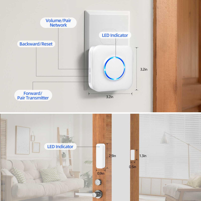 [AUSTRALIA] - WiFi Door Sensor Chime, Smart Door Open Alert Window Sensor for Business/Home/Kids Safety, Real-Time App Notification, 500ft Range, 32 Melodies, 5 Volume Levels, Window Contact Sensor Alarm Kit White 3 