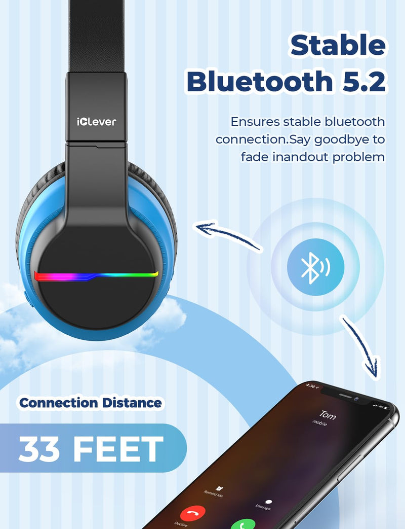 iClever BTH12 Kids Bluetooth Headphones 85H Playtime with LED Lights Travel | SafeSound Tech, Stereo Sound, USB C Charging AUX Cable Over Ear Built-in Mic, Kids Wireless Headphones for Toddler Boys Girls Pink&Black