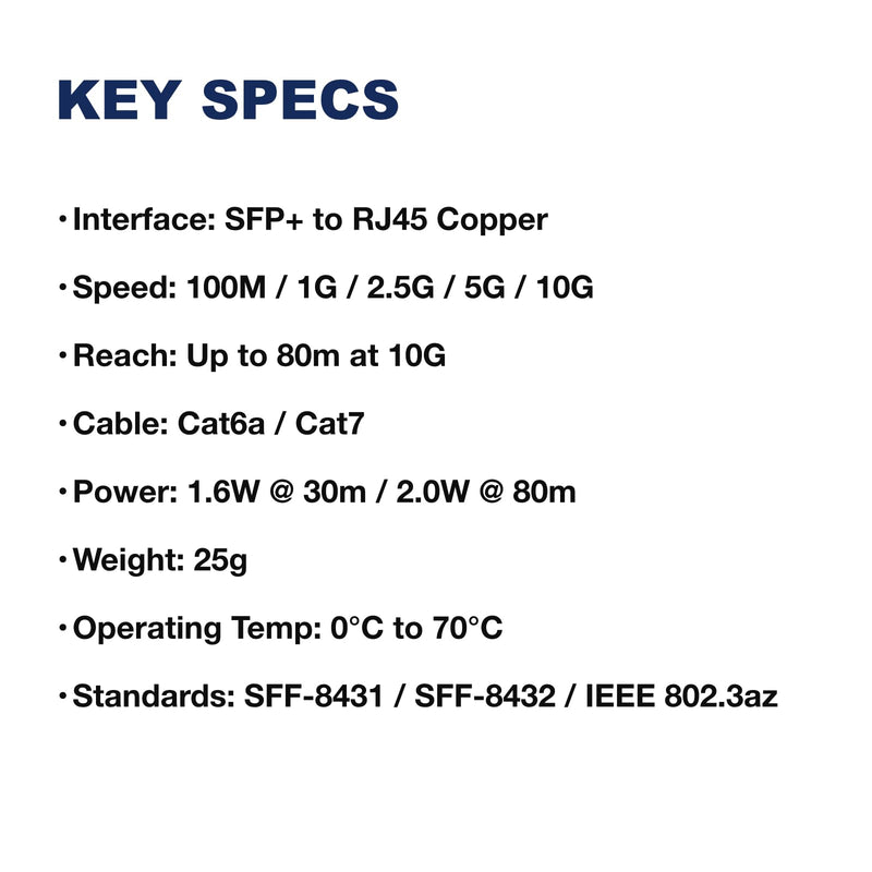 SpeedyFiberTX 1-Pack 10GBASE-T SFP+ RJ45 Copper Transceiver, Multi-Rate, Broadcom Chipset, 80m Cat6a/7, Compatible with Cisco Catalyst, Arista, Ubiquiti, MikroTik, Netgear, TP-Link, D-Link and More
