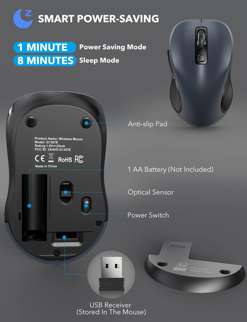 Wireless Mouse for Laptop, Trueque 2.4G Ergonomic Computer Mouse with 3 Adjustable DPI Levels, Page Up & Down Buttons, USB Mouse for Chromebook, PC, Desktop, Notebook, MacBook (Grey) Grey