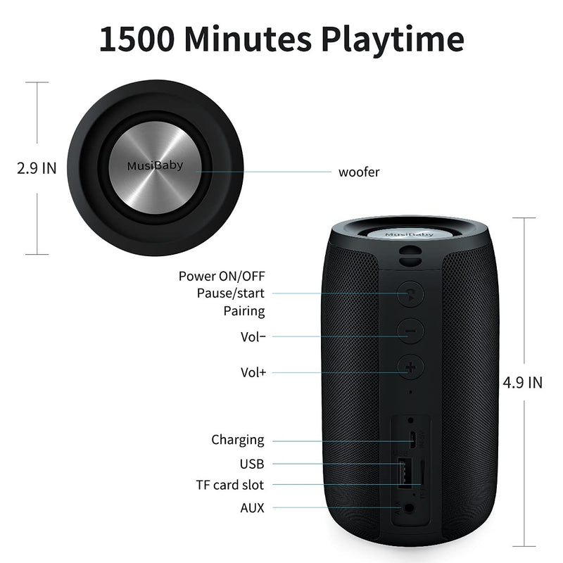 Bluetooth Speaker,MusiBaby Speaker,Outdoor, Portable,Waterproof,Wireless Speakers,Dual Pairing, Bluetooth 5.0,Loud Stereo,Booming Bass,1500 Mins Playtime for Home&Party Black