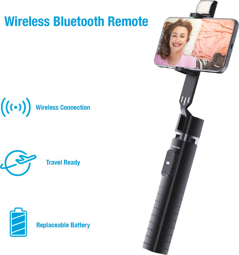 [AUSTRALIA] - Fugetek 40'' Quadrapod Lighted Selfie Stick Stand, Lightweight 7oz, Wireless Bluetooth Remote, Patented Ultra Stable 4 Legs, 3 Onboard Light Modes, Compatible with iPhone & Android (Black) Black 