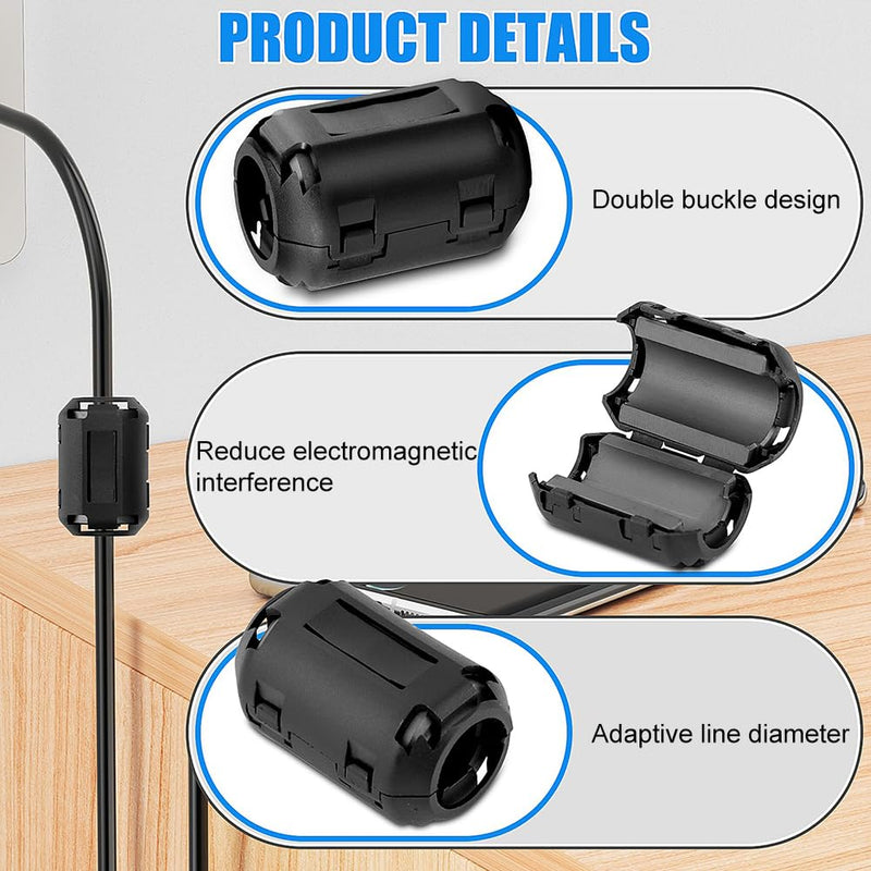 Ferrite Cores - Pack of 15 Ferrite Cores for Cables, Power Cable, USB, Coils, Inner Diameter 3.5 mm, 5 mm, 7 mm, 9 mm, 13 mm, Black Folding Ferrite Noise Reduction