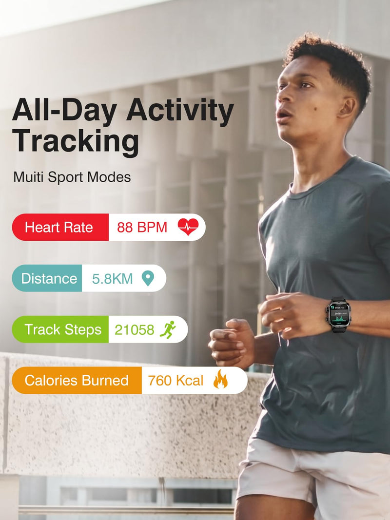 Blood Pressure Watch Men, IP68 Waterproof Blood Pressure Watch, 1.96" High-Resolution Touch Screen Smart Fitness Tracker with 100+ Sport Modes Compatible with Android and iOS, Black