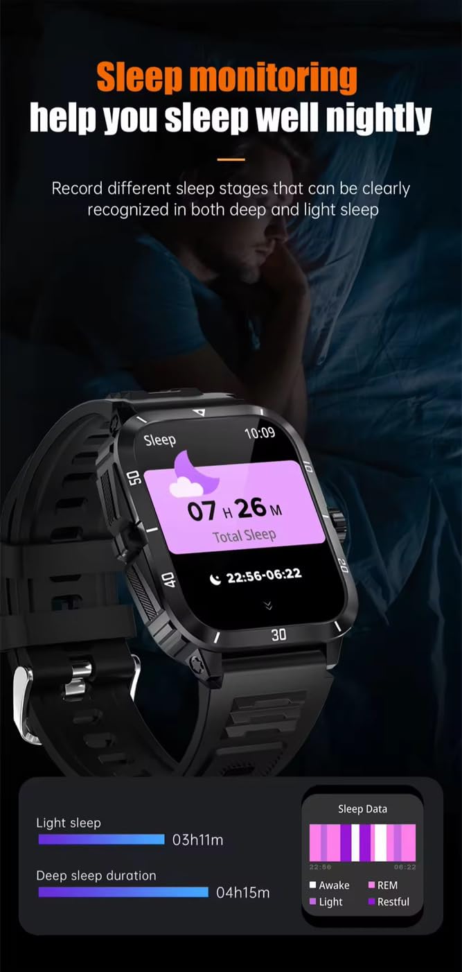Smart Watch for Men, 1.96 Inch HD Screen, 3ATM Waterproof, 430mAh Battery, Bluetooth 5.3 Call, Music Control, Heart Rate Monitor, Outdoor Sport Smartwatch
