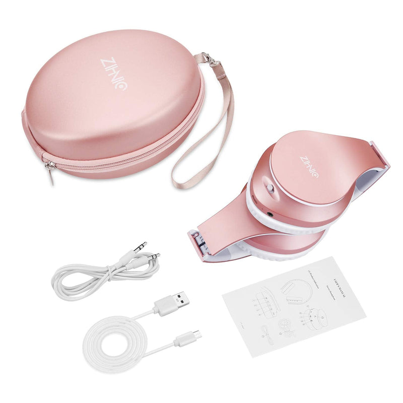 Bluetooth Headphones Over-Ear, Zihnic Foldable Wireless and Wired Stereo Headset Micro SD/TF, FM for Cell Phone,PC,Soft Earmuffs &Light Weight for Prolonged Wearing(Rose Gold) Rose Gold