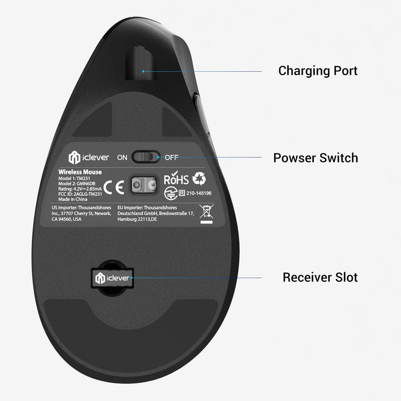 Ergonomic Mouse, iClever Chargable Vertical Mouse Wireless 6 Buttons with Adjustable DPI 1000/1600/2000/2400 Comfortable 2.4G Optical Ergo Mouse for Laptop, Computer, Desktop, Windows, Mac OS-Black