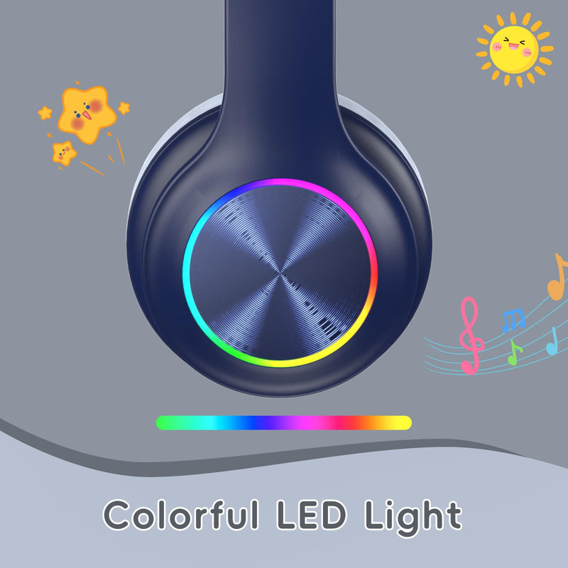 [AUSTRALIA] - Candy Bila Kids Bluetooth 6.0 Headphones with LED Light, 85Hours Playtimes, Type-C Fast Charging, 85/94dB Volume Limited, Comfort Wireless Headphones with Built-in Mic, Wired & TF Card Mode, Navy Blue 