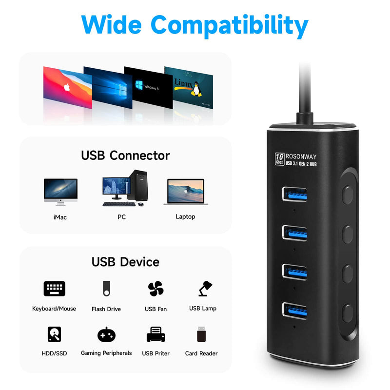 RSHTECH 4 Port Powered USB 3.0 Hub with 5V Adapter + ROSONWAY 4 Ports USB 3.1 Gen 2 Hub 10Gbps with 5V Power Adapter
