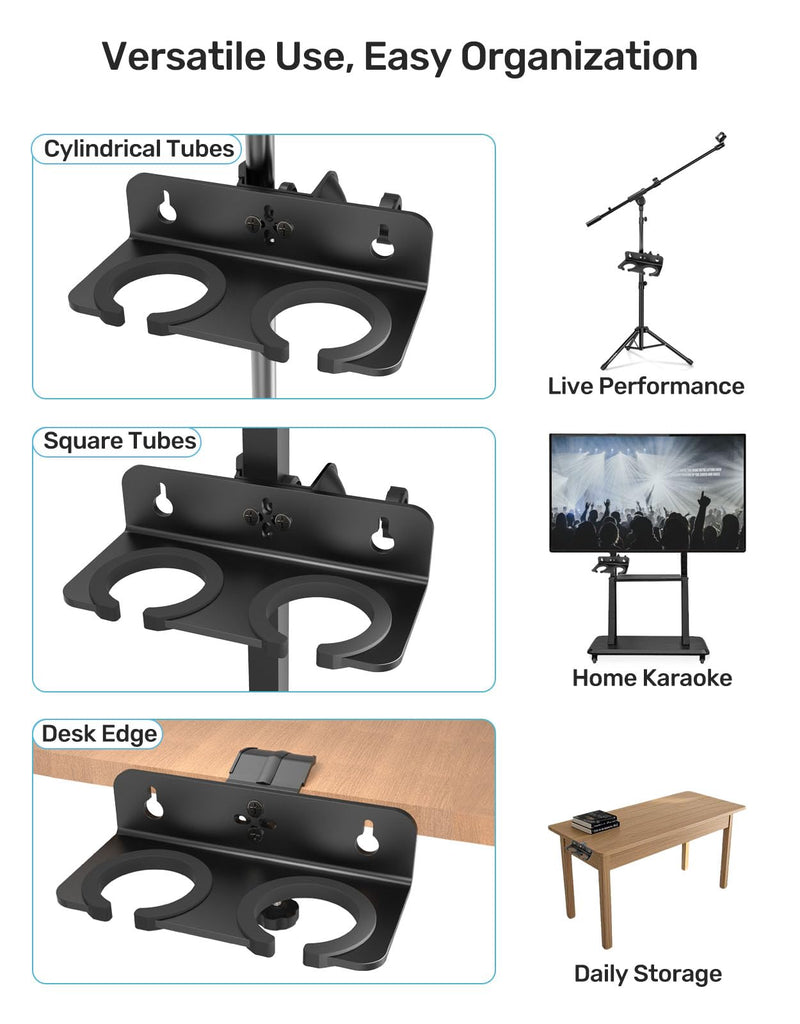 Multi Microphone Holder with Clamp (Aluminum/Rubber), Mount on Mic Stand & Desk Edge & Wall, Hold Up to 2 Wired/Wireless Handheld Mics, Ideal for Church, Street Performance, Home Studio, Karaoke