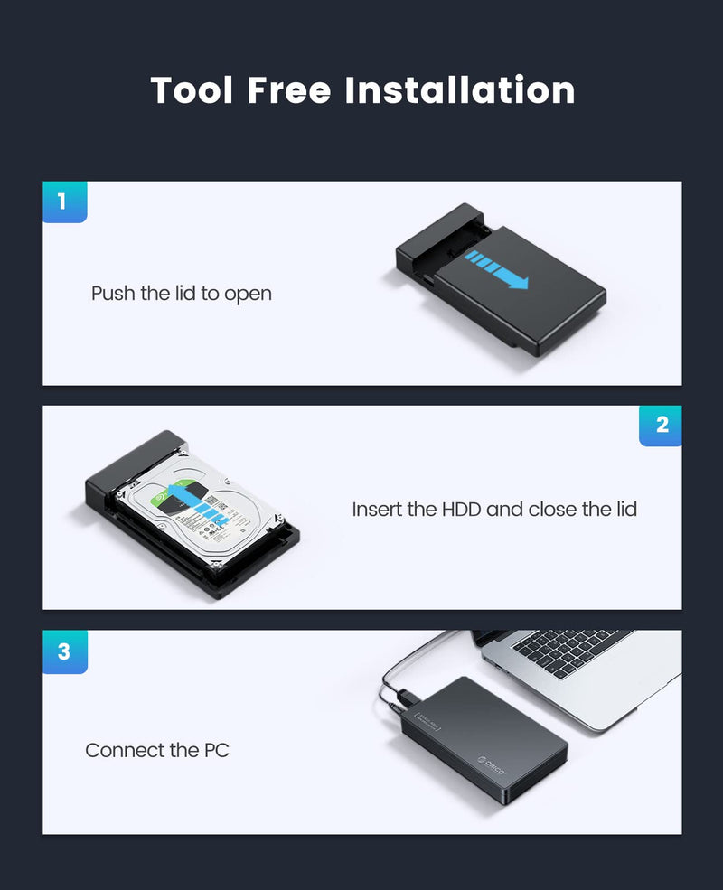 ORICO Toolfree USB 3.0 to SATA External 3.5'' Hard Drive Enclosure Case for 3.5 Inch SATA HDD and SSD [Support UASP and 16TB Drives]-3588US3