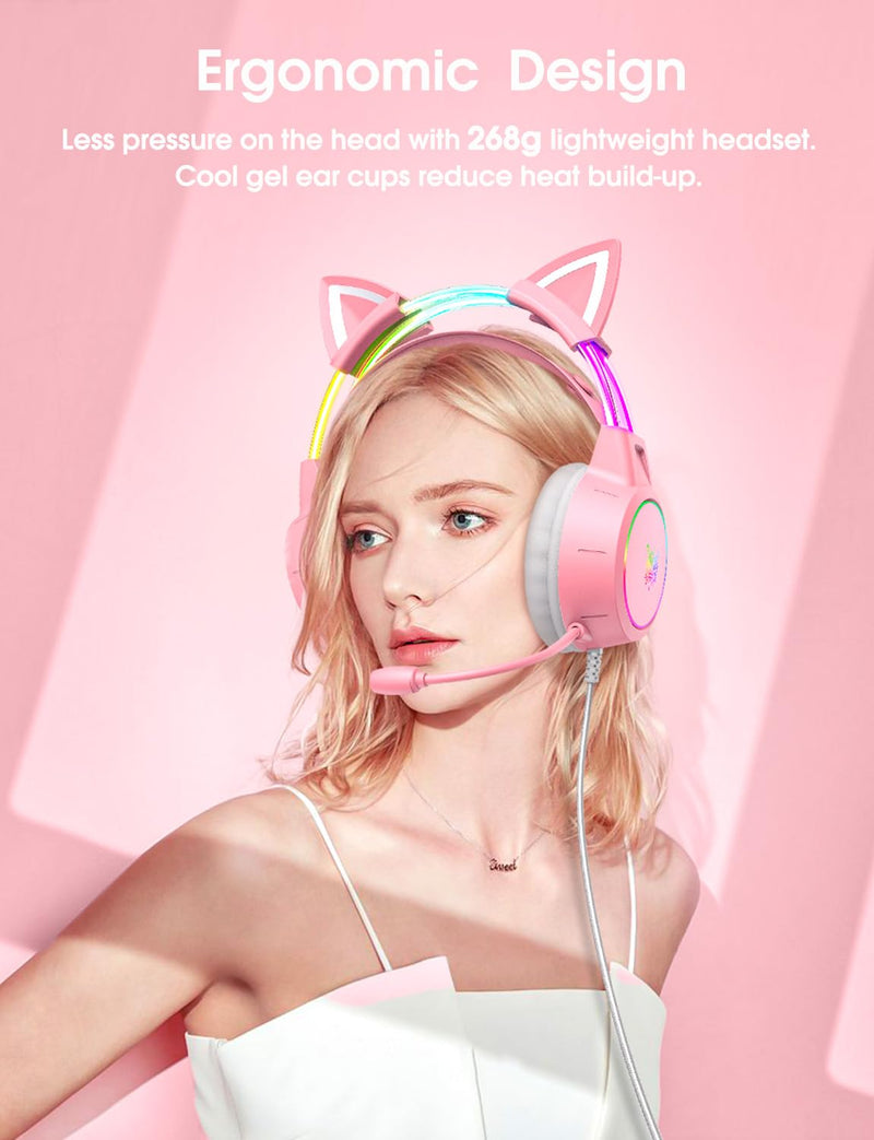 Lightweight Gaming Headset with Detachable Cat Ears, RGB Lighting, Wired Over Ear Headphones with Mic for PC, PS4, PS5, Switch, Stereo Surround Sound, Self-Adjusting Headband Pink Cat Ear