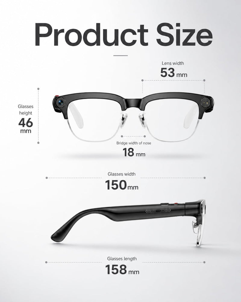 TOOBUR AI Smart Glasses with 8MP Camera, 1080P Anti-Shake HD Video, 2 Pairs of len, Real-Time Translation & Voice Assistant, Bluetooth Calls & Open-Ear Audio for Vlogging, Travel & Meetings