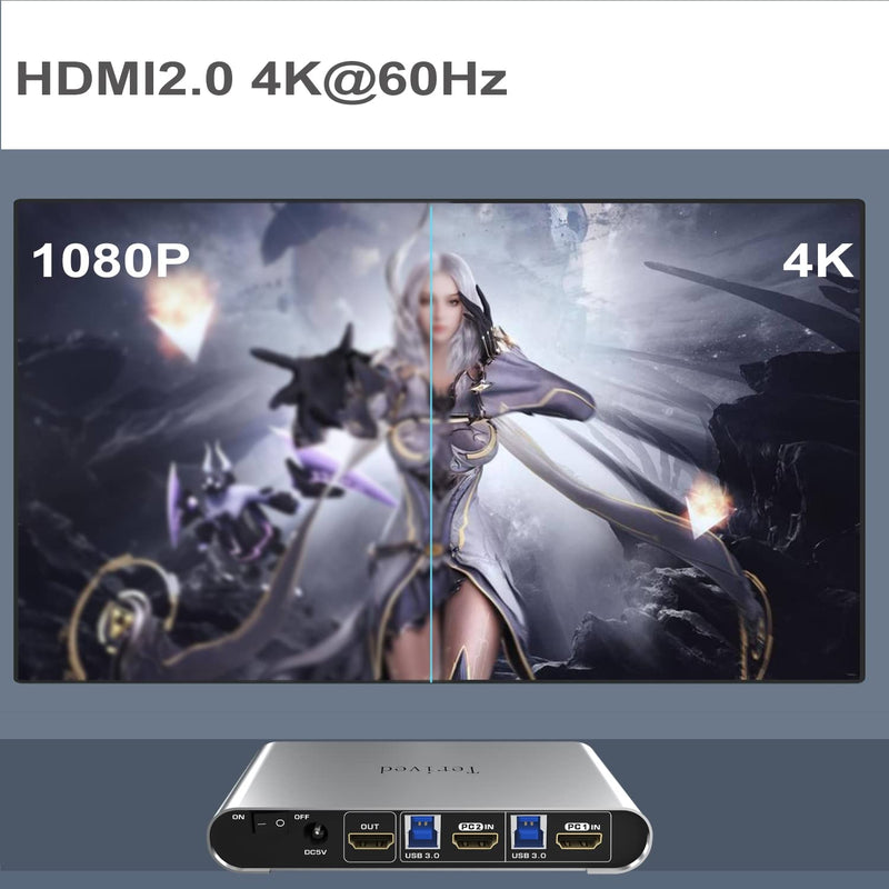 2 Port HDMI USB 3.0 KVM Switch with Aluminum Alloy Shell and Digital Display,Audio/Microphone, 4K@60Hz,hotkey,Auto EDID, HDR10 with Cables 2 Computers 1 HDMI Monitor USB 3.0
