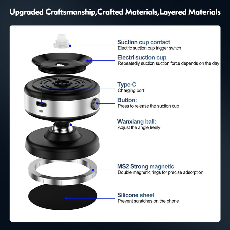 Suction Cup Phone Mount,Magnetic Phone Holder for Car,360°Adjustable Vacuum Suction Phone Mount, Foldable Portable Phone Holder for Car Accessories, Suitable for iPhone, Android, Samsung