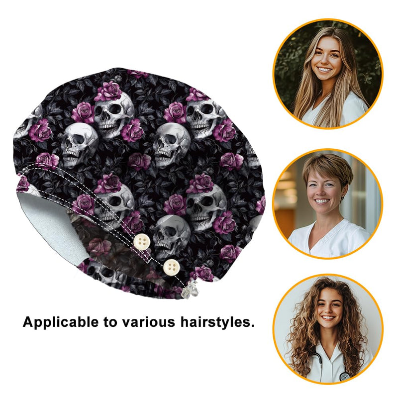 DELORIGIN Bouffant Hats with Skull and Rose Motif, Adjustable Work Cap, Cotton, for Nurses, Doctors and Surgery Hat with Button and Sweatband for Nurses and Cooking Skull Rose