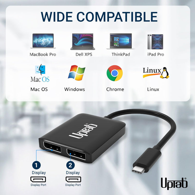 uptab USB-C to Dual DisplayPort Adapter Hub, 4K 60Hz MST Multi-Monitor | Plug-and-play, driver-free; requires TB3/TB4/USB4 or DP Alt Mode; extend or mirror 2 monitors; laptops, Chromebooks
