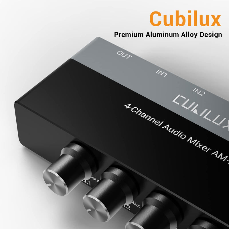 Cubilux AM-K4 6.35mm Stereo Audio Mixer, Ultra-Low Noise 4-Channel 1/4 AUX Mixer, USB C Powered Quarter Inch Mixer with Volume Control
