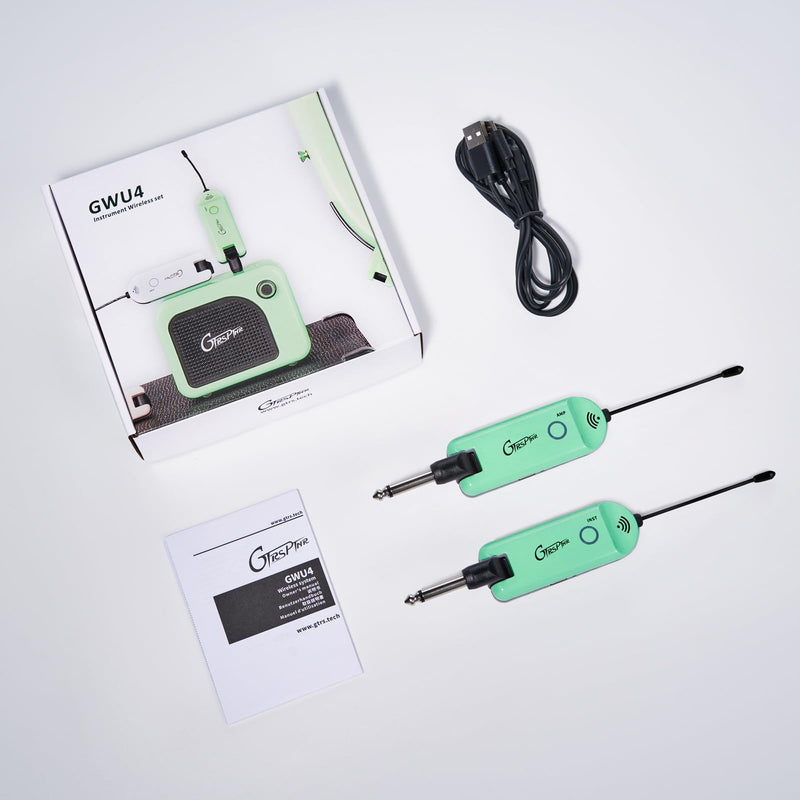 GTRS GWU4 UHF Wireless Guitar System Transmitter and Receiver 4 Signal Channels Rechargeable, Auto Match, Low Latency, 100 Feet Range, Stable Connection for Electric Guitars Bass and More (Green) GREEN
