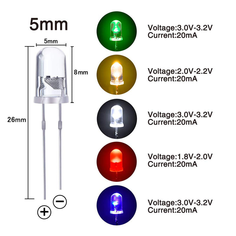 [AUSTRALIA] - YIXISI 400 Pieces 5 mm LED Light Emitting Diode Set, Round Head LED, 5 Colours (80 Pieces of Each Colour), White, Red, Yellow, Green, Blue 5mm-400 