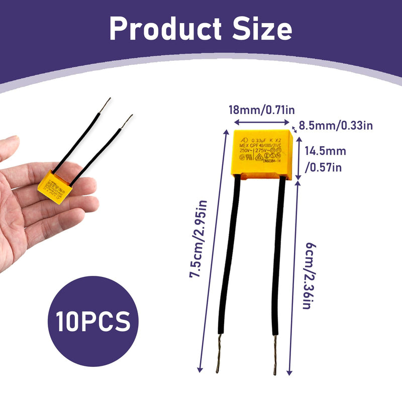 [AUSTRALIA] - Pack of 10 LED suppression capacitors, 0.33µF, 275 V, X2 radial safety capacitors, suppressor capacitor, effective solution against flashing and glow of LED lamps, for household appliances and radio 