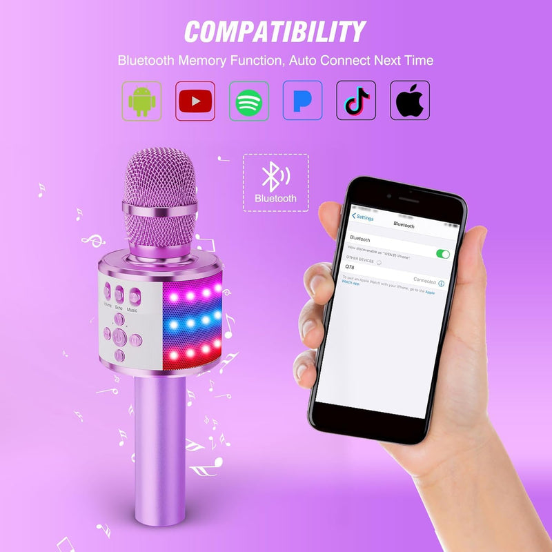 BONAOK Karaoke Microphone for Kids & Adults - Bluetooth Microphones Singing Mic with Disco Lights, Echo Effect, Built-in Speaker Portable Karaoke Player for Party Travel Gifts Q78(Light Purple) Light Purple