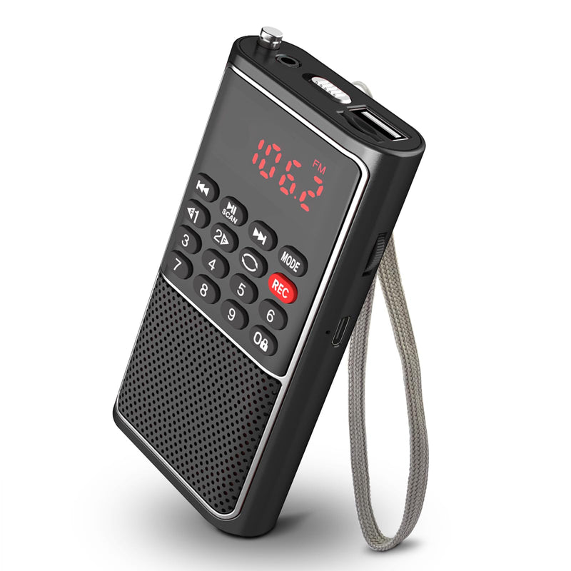 B01 Mini Portable FM Radio USB Player, TF/SD Card/USB Slot Support Mp3 Play Rec,Pocket Walkman Small Radio with Lock Key,Wristband,Rechargeable Battery Operated, Excellent Reception and Sound BLACK