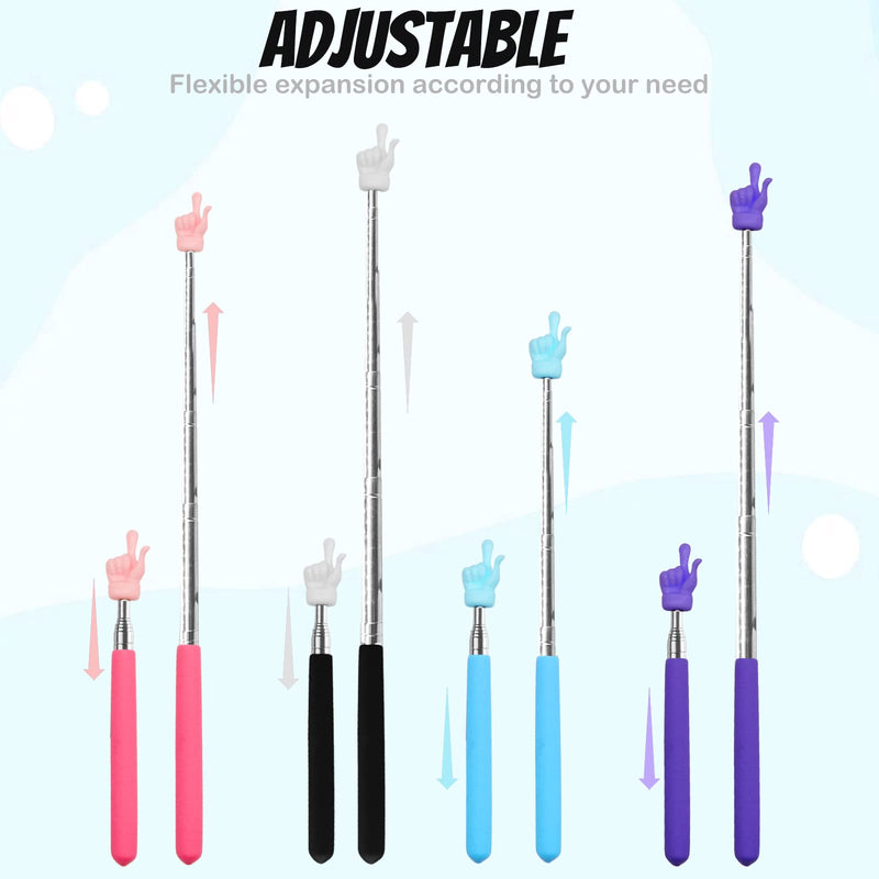 4Pcs Telescopic Teachers Pointer, Mini Extendable Hand Pointer Finger Pointer Stick, Retractable Classroom Pointer for Elementary School Kindergarten Teacher Supplies (Black Pink Blue Purple)