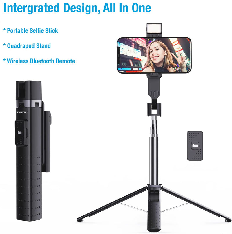 [AUSTRALIA] - Fugetek 40'' Quadrapod Lighted Selfie Stick Stand, Lightweight 7oz, Wireless Bluetooth Remote, Patented Ultra Stable 4 Legs, 3 Onboard Light Modes, Compatible with iPhone & Android (Black) Black 