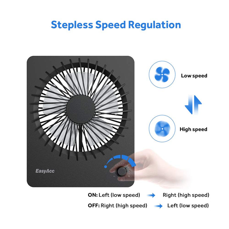 Portable Desktop Battery Operated Fan, EasyAcc 6-Inch Personal Small Desk Fan, [Quiet Step-less Speed Control Fan] 160°Tilt Foldable Hanging Standing Cooling Fan for Travel Office Home Outdoor Black