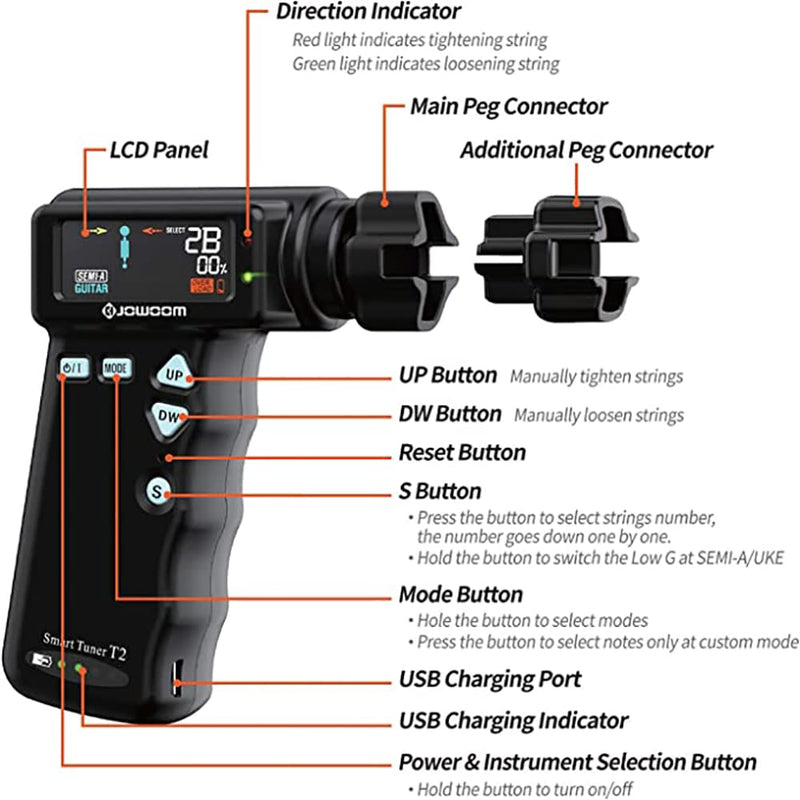 T2 Smart Guitar Tuner & Automatic Peg String Winder 2-in-1 Multi-functional String Instrument Tool for Guitars/Ukulele/Banjo/Mandolin