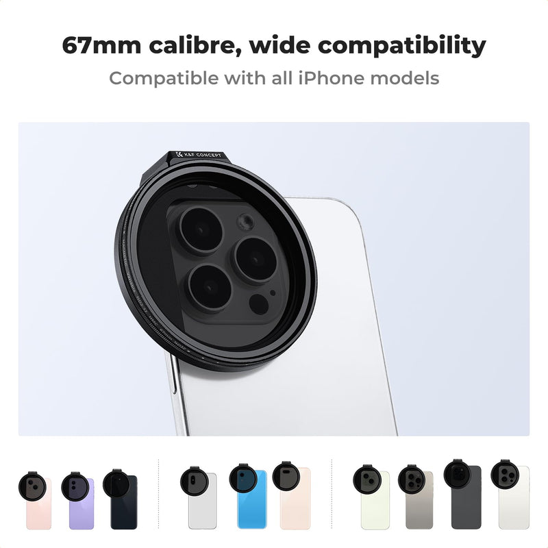 [AUSTRALIA] - K&F Concept Clip On 67mm Variable ND2-32 Magnetic Phone Lens Filter Kit, Phone Clip with Magnetic Adapter Ring/Cold Shoe/Locking Knob, Neutral Density Filter for iPhone 16 15 Pro Max 14 13 