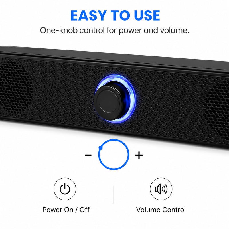Computer Speakers USB Powered Wired Stereo with Illuminated Volume Knob and 3.5mm Aux Plug for PC Desktop Laptop Office with Clear Audio Easy Setup and Portable Design Black