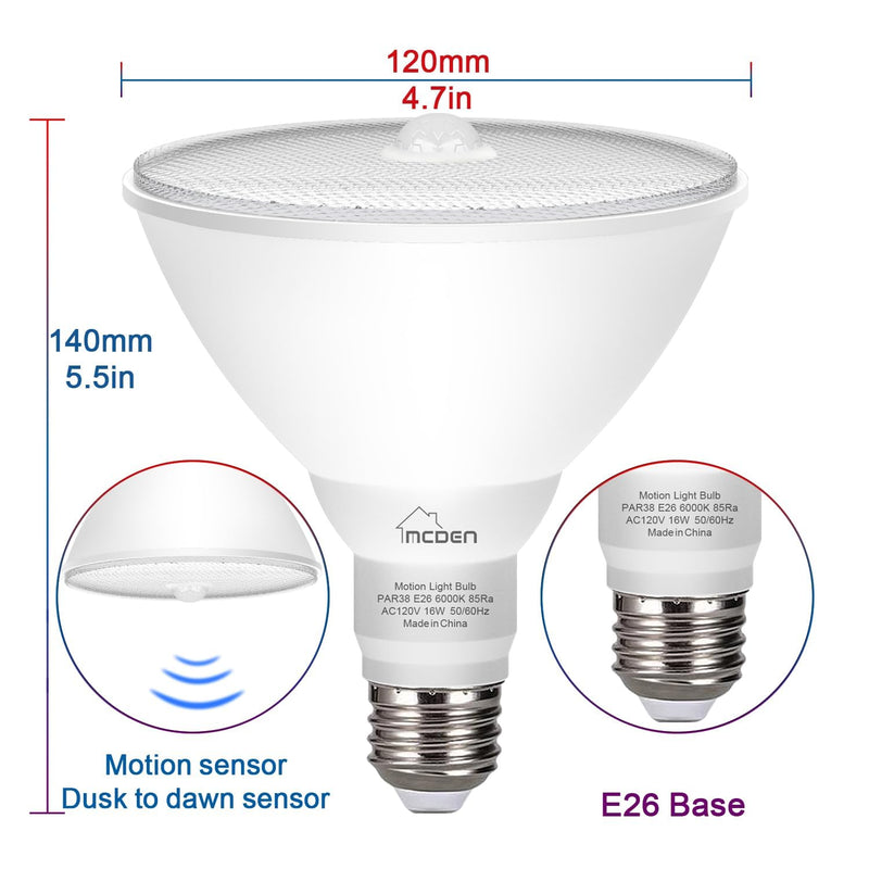 McDen Motion Sensor Light Bulb, PAR38 16W Equivalent 100W 6000K Daylight, Indoor Motion Activation Detector Light Bulb, E26 Base Dusk to Dawn Security Night Light.LED Flood Lights Outdoor, 4 Packs Daylight White PAR38-16W