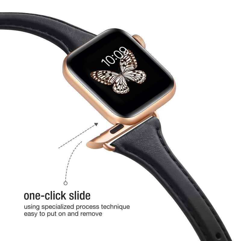Slim Apple Watch Leather Band and Stainless Steel Metal Band for iWatch 38mm, 40mm, and 41mm，Black Gold+Metal Gold