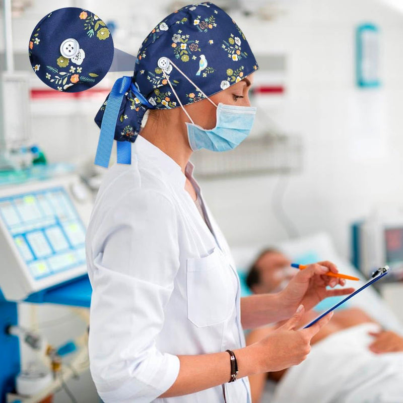 Satin Lined Scrub Caps Women Adjustable Nurse Surgical Hat with Buttons Sweatband Ponytail Working Cap with Tie Back Vivid Pattern