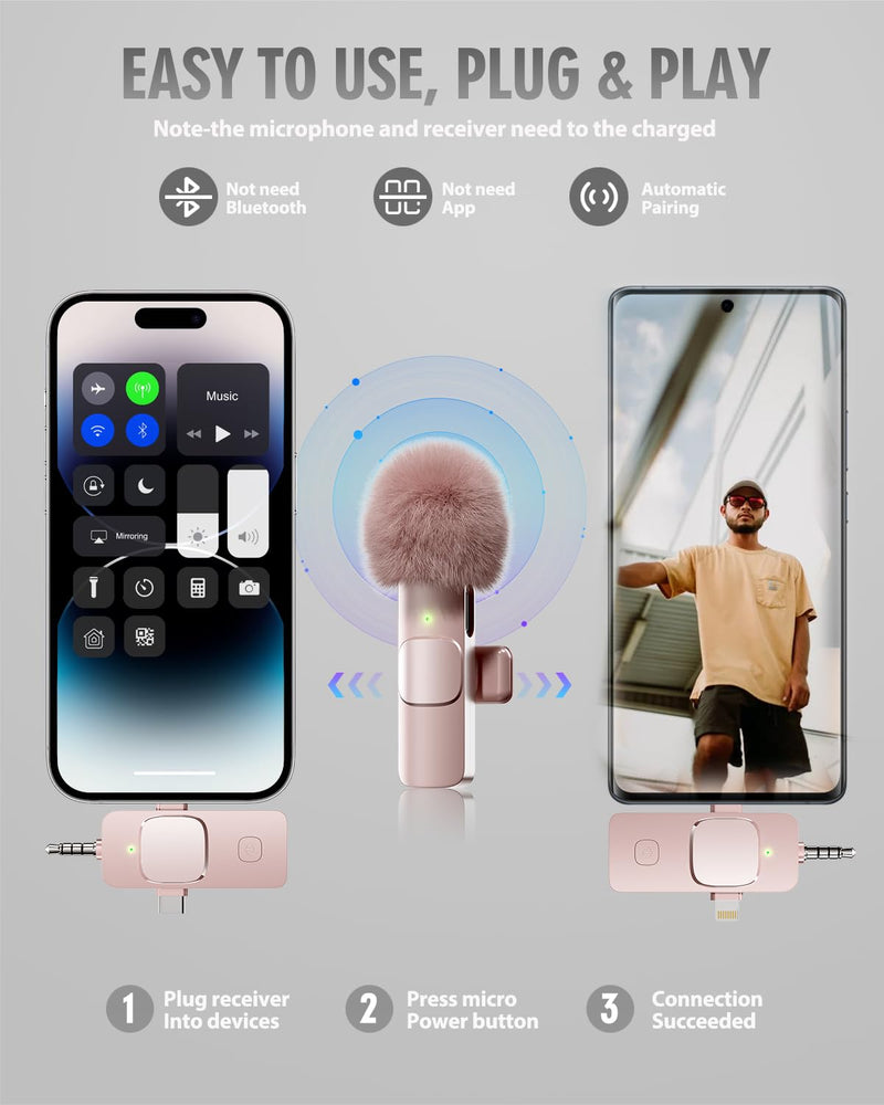 [AUSTRALIA] - PQRQP 3 in 1 Wireless Lavalier Microphone for iPhone, iPad, Android, Camera, Mini Microphone, 7-Hour Battery, High Definition Sound Quality for Interview, Video Podcast, Vlog (Pink) Pink 