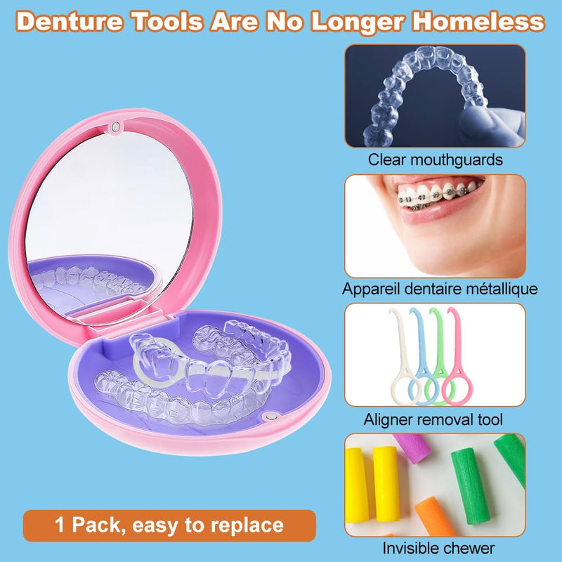 Braces Box, Portable Tooth Splint Box with Mirror, Empty Orthodontic Teeth Holder Box for Holder and Mouth Guard with Tool for Removing Aligners (Pink) Pink