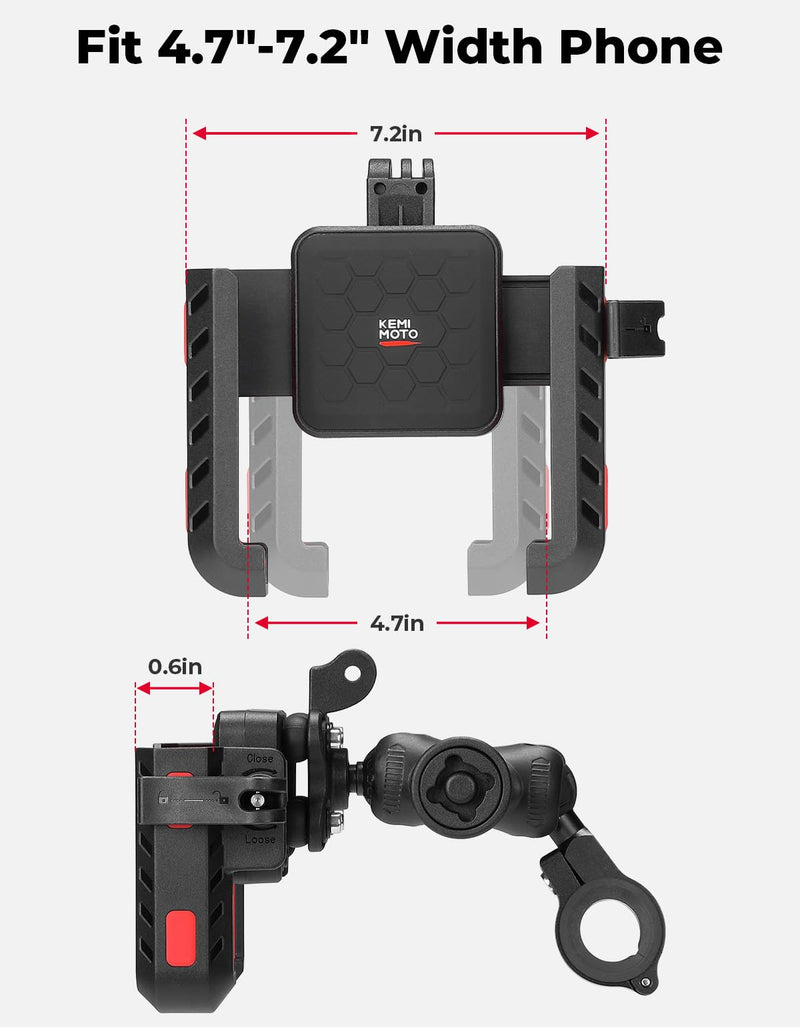 KEMIMOTO Motorcycle Phone Mount with Anti-Theft, Anti-Vibration Dampener | One-Hand Operation 360° Adjustable Mount for Motorcycle Bike ATV Scooter Golf Cart Fit 4.7"-7.2" Cellphone