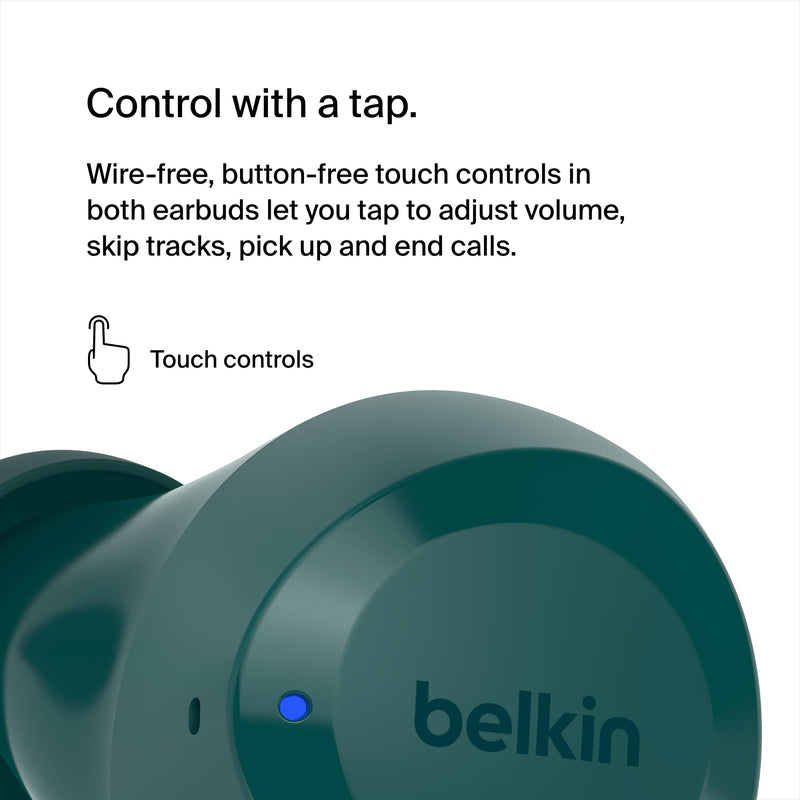 Belkin SoundForm Bolt True Wireless Earbuds, Wireless Charging, 28H | In-ear Bluetooth earbuds, IPX4 sweat resistant, USB-C and Qi charging case, mono mode, gym, commute, travel Teal