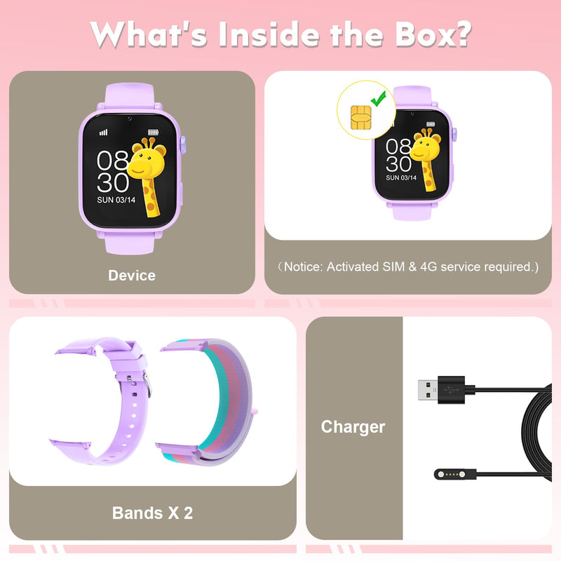 4G Kids Smart Watch with GPS Tracker for Boys Girls SOS Video Call 4G Purple