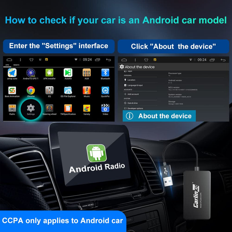 Carlinkit Wireless CarPlay USB Adapter CPC200-CCPA for Android Car Radios | for Android Version 4.4.2 or Above. APK must be installed. Supports screen mirroring. To Wireless CarPlay Android Auto